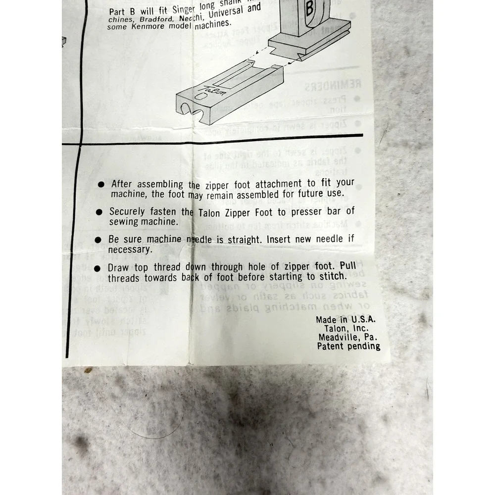 Vintage Talon Invisible Metal Zipper Foot Attachment Sewing Machine USA